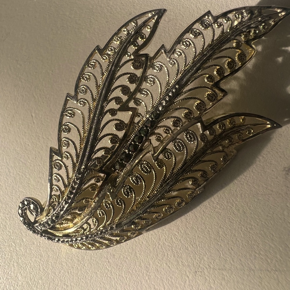 Alice Caviness Brooch Sterling Marcasite Vermeil Filigree Leaf Brooch Germany